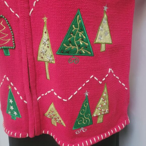 VTG Karen Scott Ugly Christmas Sweater Vest Red Xmas Trees Bling Full Zip Medium - Picture 6 of 10